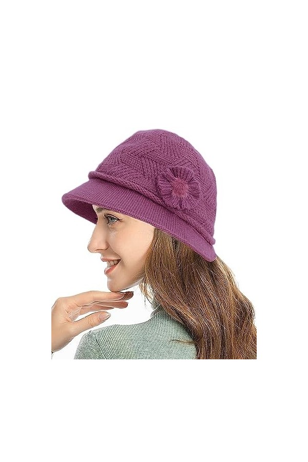Yutdeng Bonnet Tricotée Chapeau Femme Fille dhiver Chaud Élégant Bonnet Doublure en Peluche Vintage Souple Casquette Doux Ép