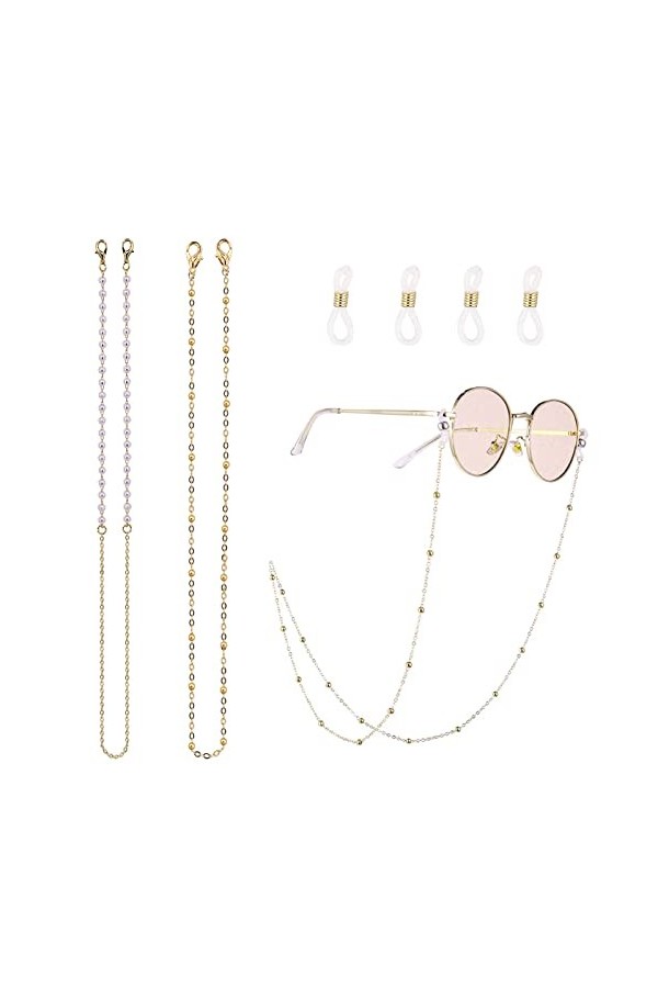 Lot de 2 chaînes de lunettes de soleil dorées avec crochets doreille antidérapants, doré, L