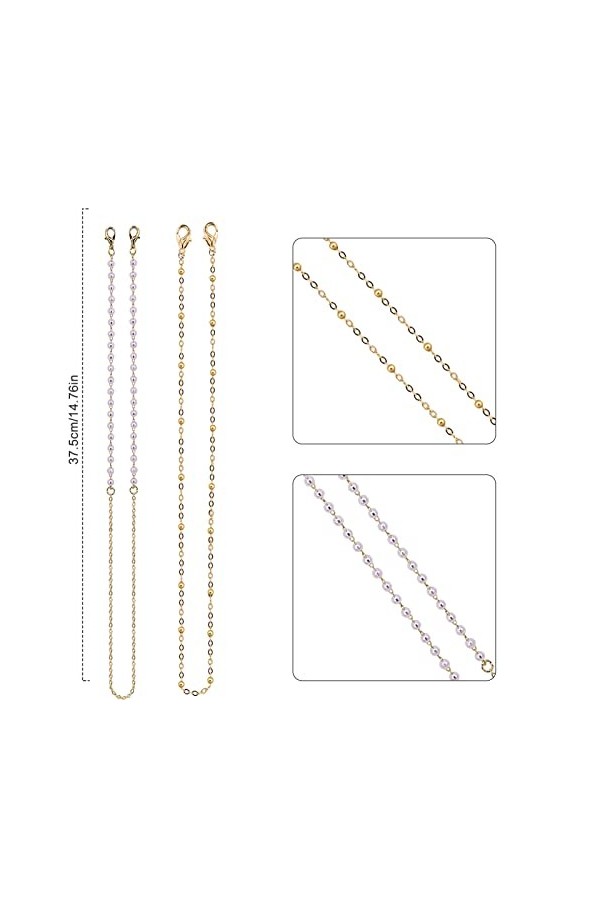 Lot de 2 chaînes de lunettes de soleil dorées avec crochets doreille antidérapants, doré, L