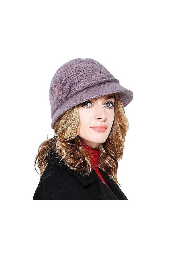 CheChury Chapeau Laine Femme Hiver Chaud Bonnet Tricoté Élégant Douce Chapeaux Melon Femmes Vintage Chapeau avec Fleur Hiver 