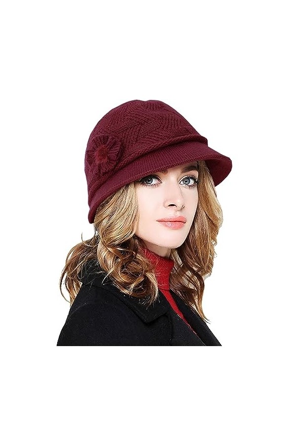 CheChury Chapeau Laine Femme Hiver Chaud Bonnet Tricoté Élégant Douce Chapeaux Melon Femmes Vintage Chapeau avec Fleur Hiver 