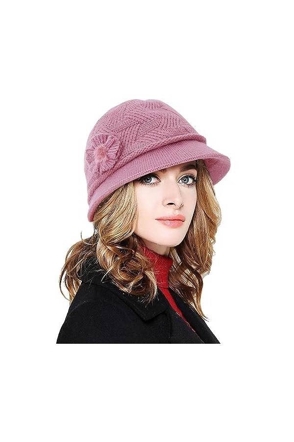 CheChury Chapeau Laine Femme Hiver Chaud Bonnet Tricoté Élégant Douce Chapeaux Melon Femmes Vintage Chapeau avec Fleur Hiver 