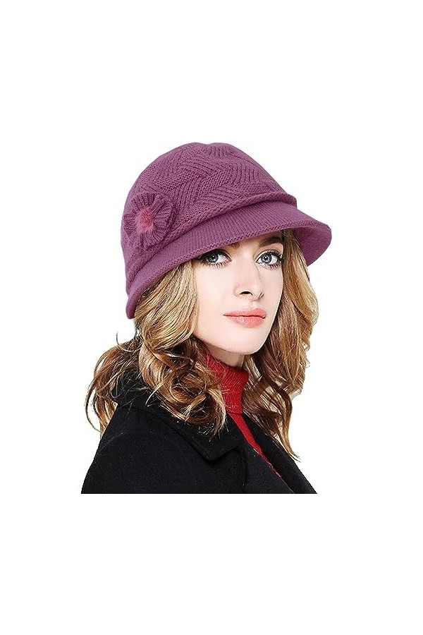 CheChury Chapeau Laine Femme Hiver Chaud Bonnet Tricoté Élégant Douce Chapeaux Melon Femmes Vintage Chapeau avec Fleur Hiver 