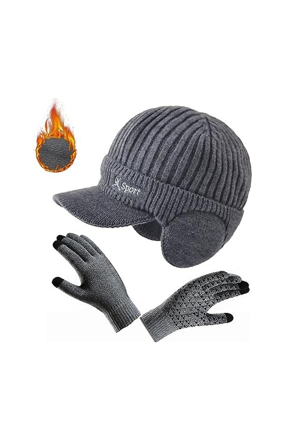 Casquettes Homme Femmes dhiver Ensemble Casquette de Baseball en Tricoté et Gants Tricotés Bonnet Chaud Tricot Chapeau Casqu