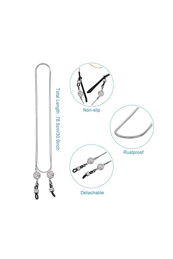 Soleebee Chaîne de lunettes pour femme en acier inoxydable - Avec perles de strass - Mode universelle - Chaîne - Cordon - Bla
