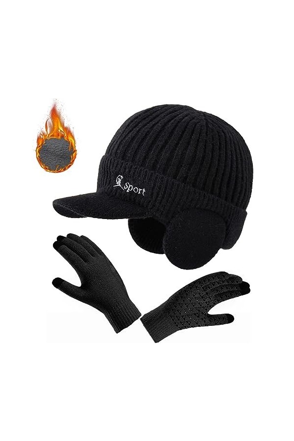 Casquettes Homme Femmes dhiver Ensemble Casquette de Baseball en Tricoté et Gants Tricotés Bonnet Chaud Tricot Chapeau Casqu