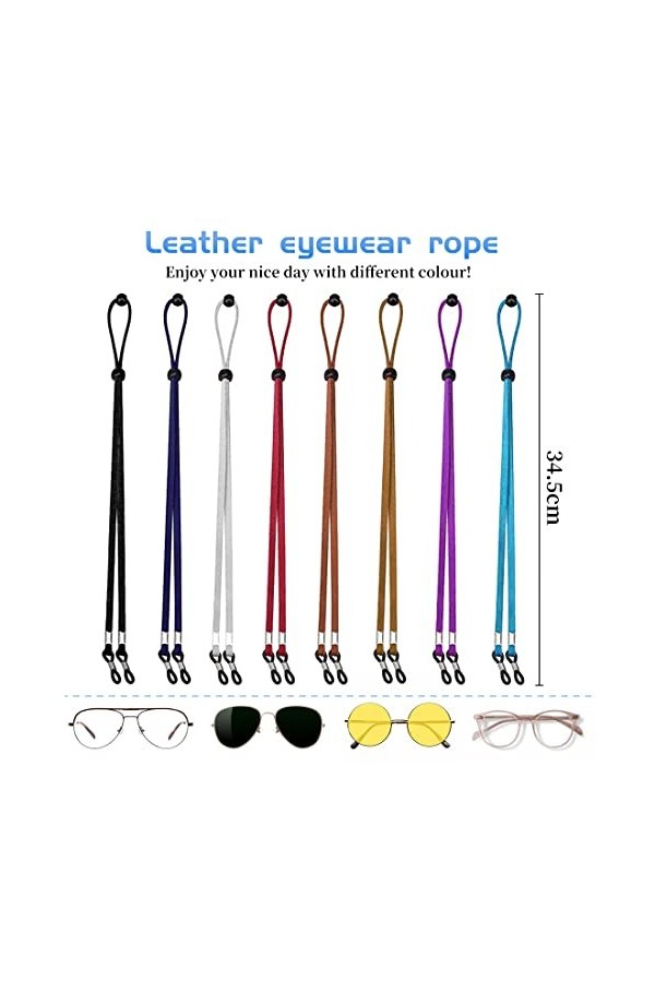 KANOSON Cordon Lunettes, 8 Pièces Cuir Cordon Lunettes Femme, Réglable Lunettes de Soleil Cordon/Cordon pour Lunettes de Vue/