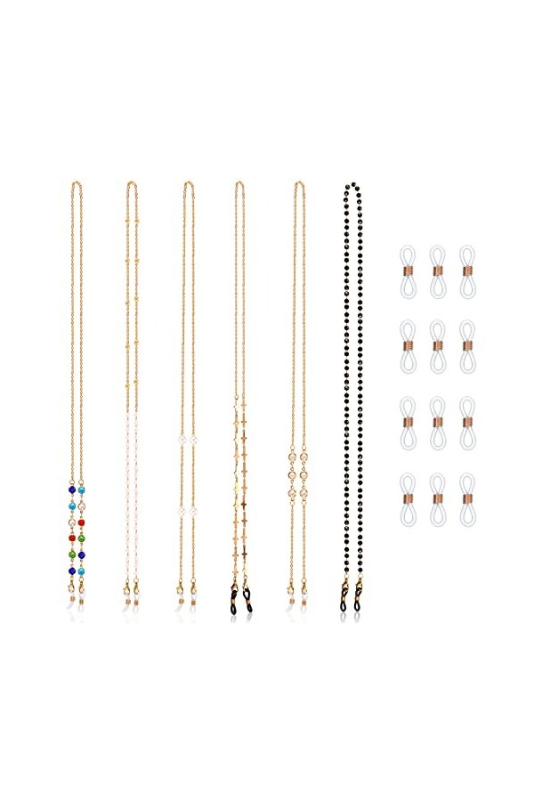 6 Pièces Chaînes de Lunettes Femme Sangle de Lunettes avec Anneau en Caoutchouc Style Elégant 