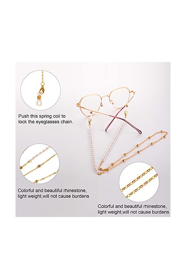 6 Pièces Chaînes de Lunettes Femme Sangle de Lunettes avec Anneau en Caoutchouc Style Elégant 