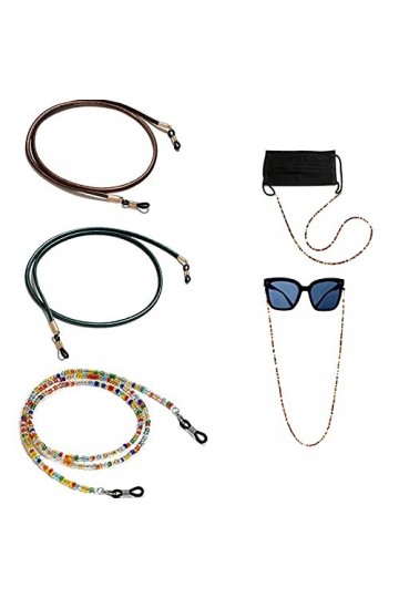 LAOJU Lot de 3 sangles de lunettes en cuir et perles réglables pour lunettes de lecture - Cordon antidérapant pour lunettes d