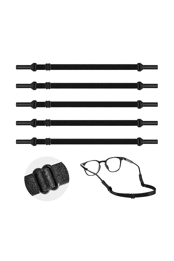 Hahhhha Lot de 5 sangles de lunettes en silicone réglables et antidérapantes de 35 cm - Pour homme et femme, Noir , taille un