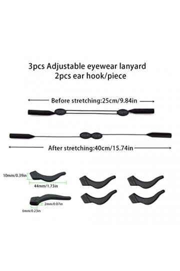 3 cordons de lunettes réglables de 25 cm, support universel pour lunettes de soleil de sport, 2 crochets doreille par sangle