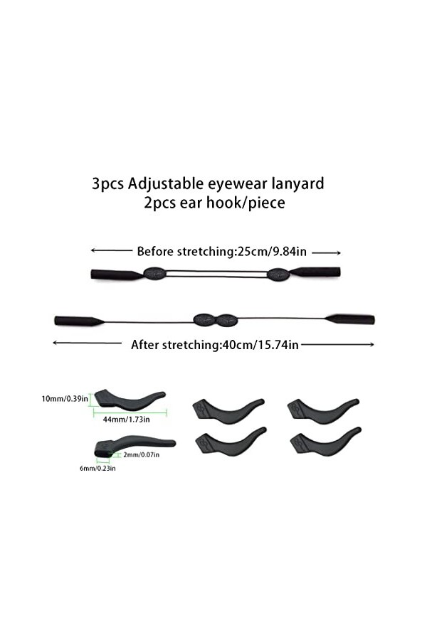 3 cordons de lunettes réglables de 25 cm, support universel pour lunettes de soleil de sport, 2 crochets doreille par sangle