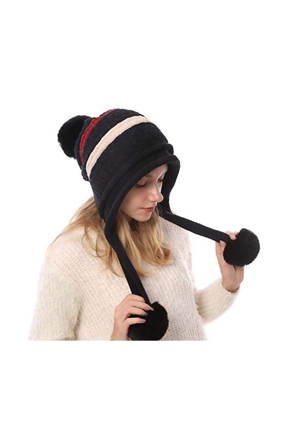 TENDYCOCO Bonnet péruvien en tricot avec pompon - Bonnet péruvien - Bonnet dhiver pour femme, Noir