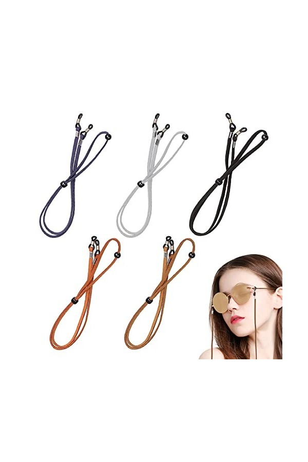 Lot de 5 sangles de lunettes en nylon antidérapant de 5 mm - Cordon coloré pour lunettes de vue - Cordon réglable pour femme 