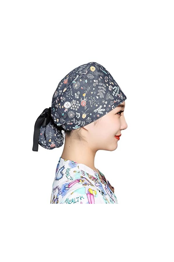 Ousyaah Chapeau de Travail avec Boutons Unisexe Infirmière Bonnet Chirurgical Tissu Turban Chimio Coton pour Homme Femme, Cas