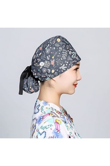Ousyaah Chapeau de Travail avec Boutons Unisexe Infirmière Bonnet Chirurgical Tissu Turban Chimio Coton pour Homme Femme, Cas