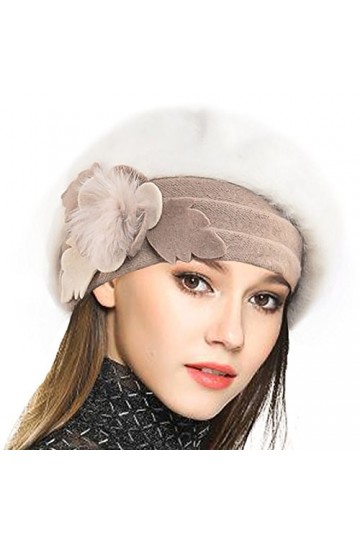VECRY Femme Laine Béret Français Cloche Angola Robe Bonnet Calotte Chapeaux dhiver Crème, Taille M 