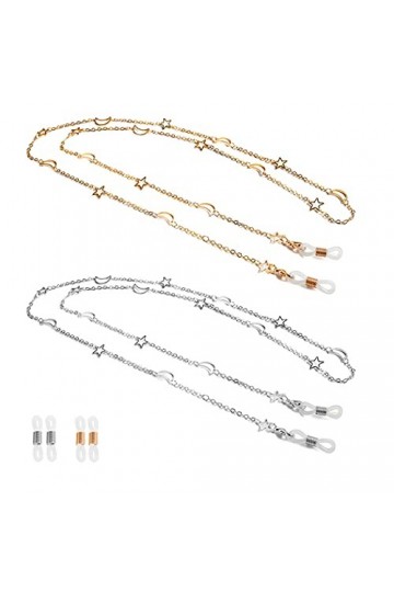 Aabellay Lot de 2 cordons de lunettes en métal avec extrémités en caoutchouc - Style étoile et lune