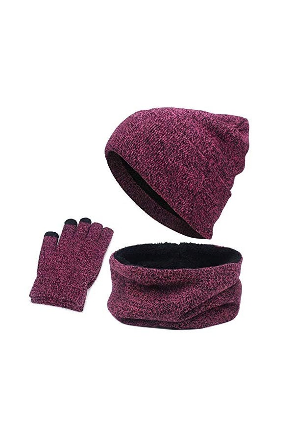 Ensemble Hiver Bonnet écharpe GantsTricotés Ensemble dhiver 3 en 1，Bonnet écharpe Gants décran Tactile pour en Plein air et