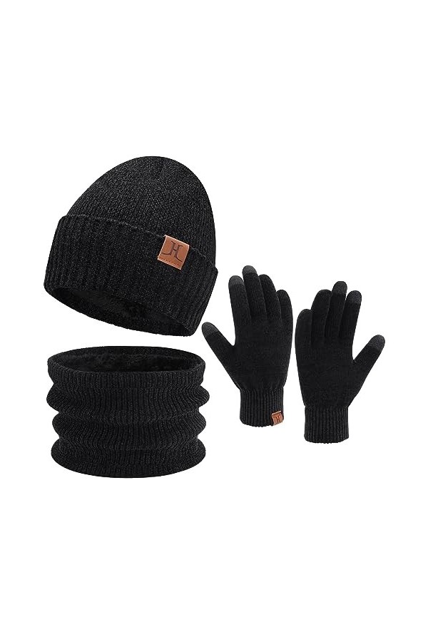 Femme Homme Hiver Bonnet Chapeau Écharpe Écran Tactile Gants Ensemble Chaud Chenille Polaire Doublé Casquette Cache Cou Gant 