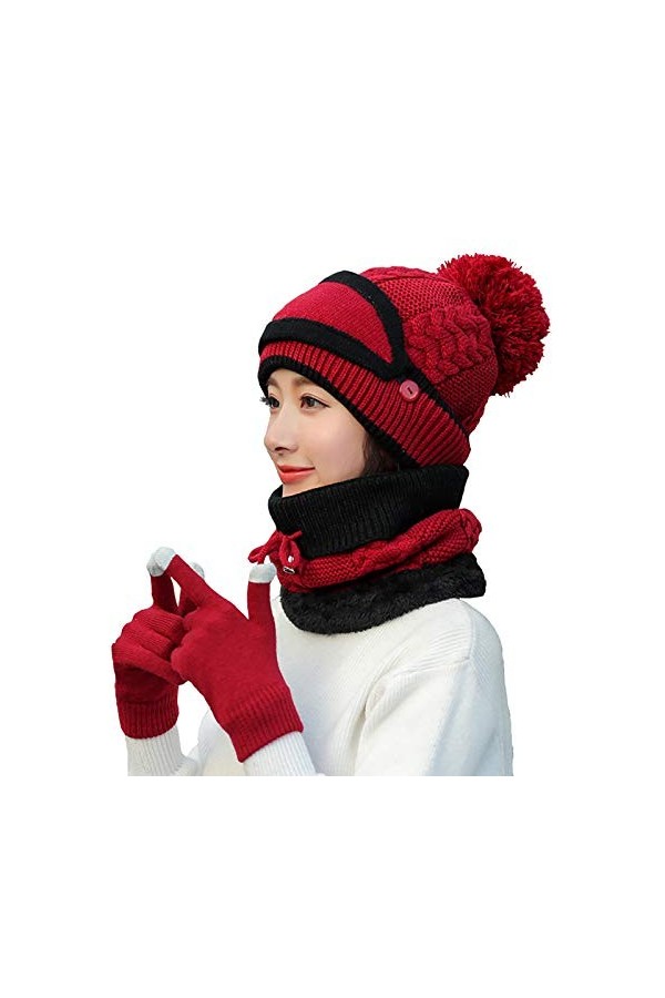 Krrinnhy Tricotés Ensemble dhiver Bonnet Écharpe 3 en 1 avec Masque Détachable Et Écharpe en Cercle Casquette De Ski Mode Ga