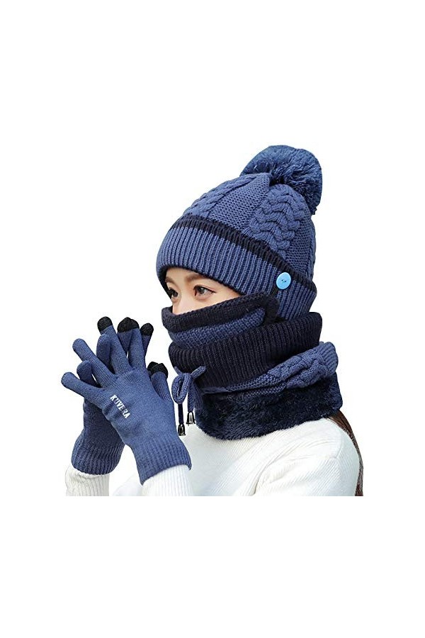 Krrinnhy Tricotés Ensemble dhiver Bonnet Écharpe 3 en 1 avec Masque Détachable Et Écharpe en Cercle Casquette De Ski Mode Ga