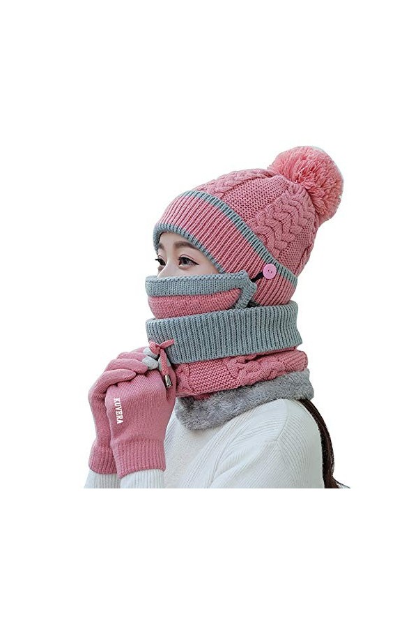 Krrinnhy Tricotés Ensemble dhiver Bonnet Écharpe 3 en 1 avec Masque Détachable Et Écharpe en Cercle Casquette De Ski Mode Ga
