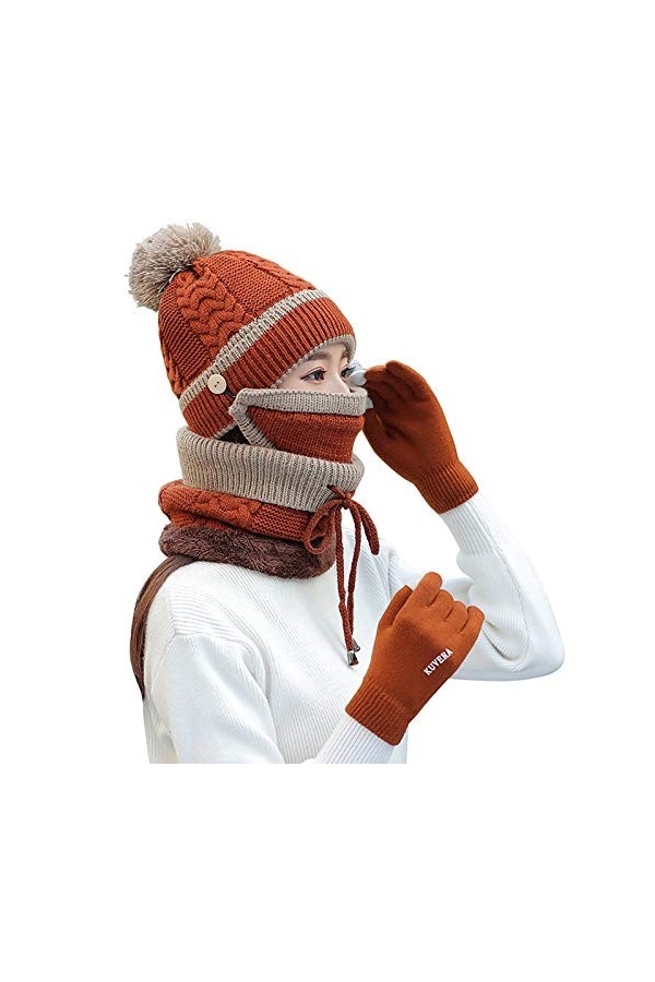 Krrinnhy Tricotés Ensemble dhiver Bonnet Écharpe 3 en 1 avec Masque Détachable Et Écharpe en Cercle Casquette De Ski Mode Ga