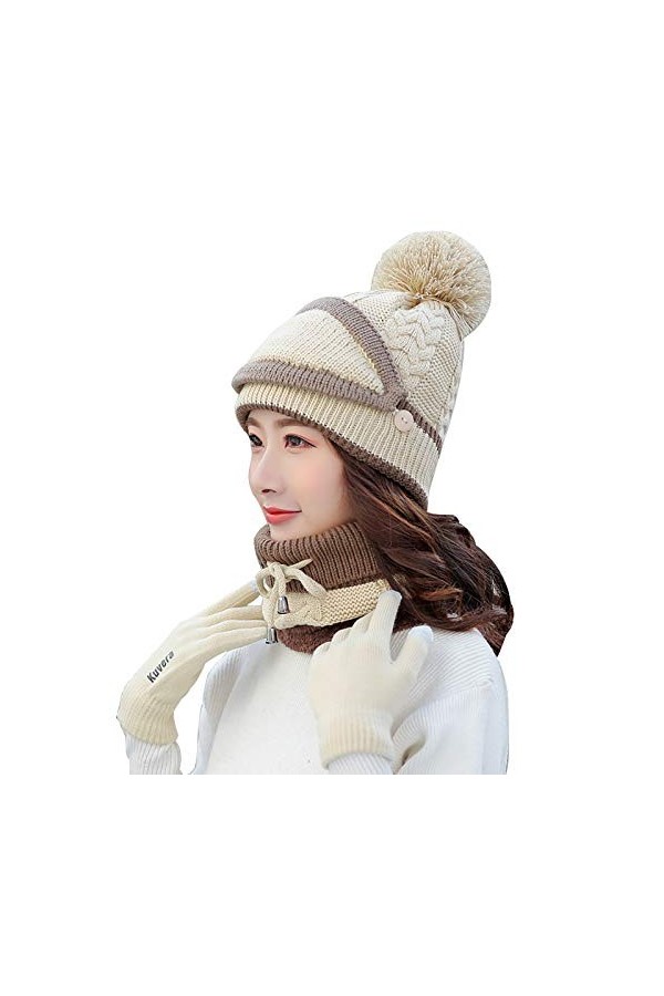 Krrinnhy Tricotés Ensemble dhiver Bonnet Écharpe 3 en 1 avec Masque Détachable Et Écharpe en Cercle Casquette De Ski Mode Ga