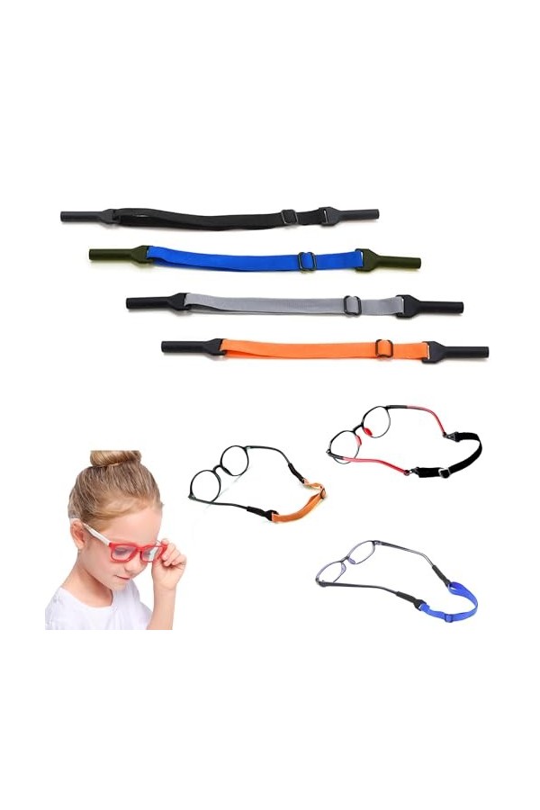 Lot de 4 cordons à lunettes Elastic Cordon lunettes de Sport Crochets Antidérapant de Lunettes Silicone Polyester Gris Noir O
