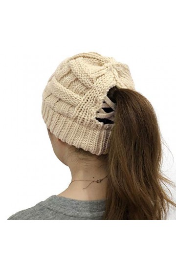 JFAN Femmes Tricot Chapeau Chaleur dhiver Bonnet Doux Caps Chapeau Queue Cheval Tressée Casquette Taille Unique Beige