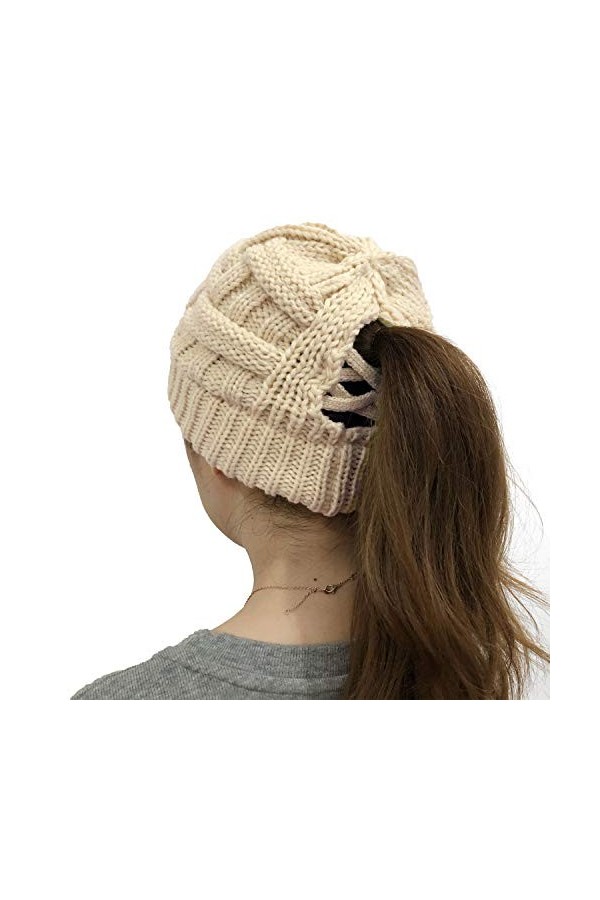 JFAN Femmes Tricot Chapeau Chaleur dhiver Bonnet Doux Caps Chapeau Queue Cheval Tressée Casquette Taille Unique Beige