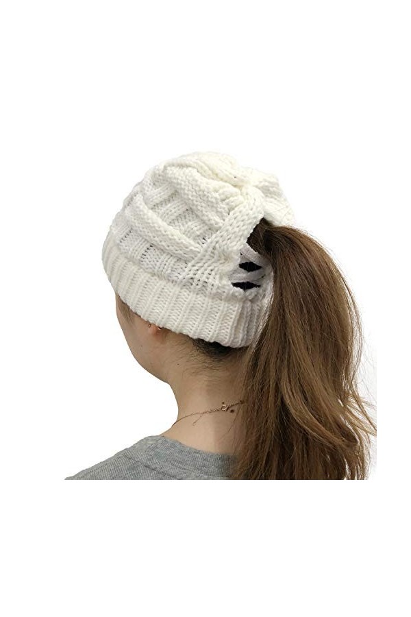 JFAN Femmes Tricot Chapeau Chaleur dhiver Bonnet Doux Caps Chapeau Queue Cheval Tressée Casquette Taille Unique Beige