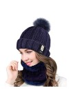 CMTOP Casquette&nbsp;Femme Hiver Avec Pompon Bonnet&nbsp;Echarpe Tube Femme Bonnet de Laine Tricoté Pom Pom Bonnet Avec Polaire Chaud C
