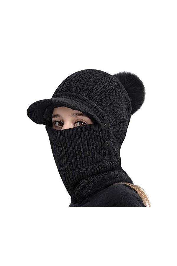 Cagoule Tricoté Femme Balaclava Femme Cagoule Moto Cache Cou Cache Oreille Bonnet Tricoté avec Pompon Bonnet avec Tour de Cou