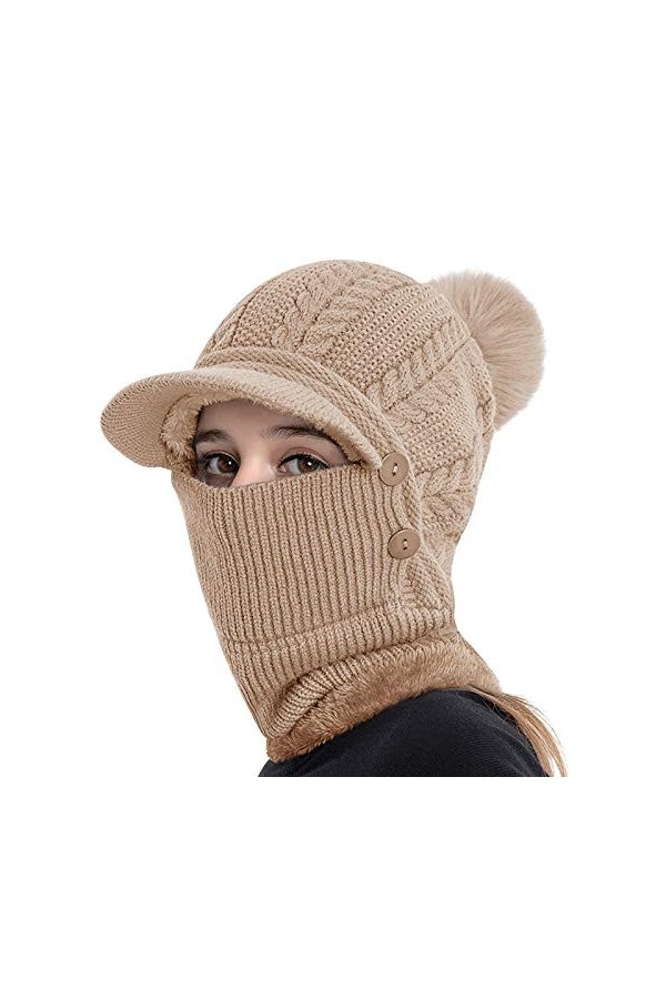 Cagoule Tricoté Femme Balaclava Femme Cagoule Moto Cache Cou Cache Oreille Bonnet Tricoté avec Pompon Bonnet avec Tour de Cou