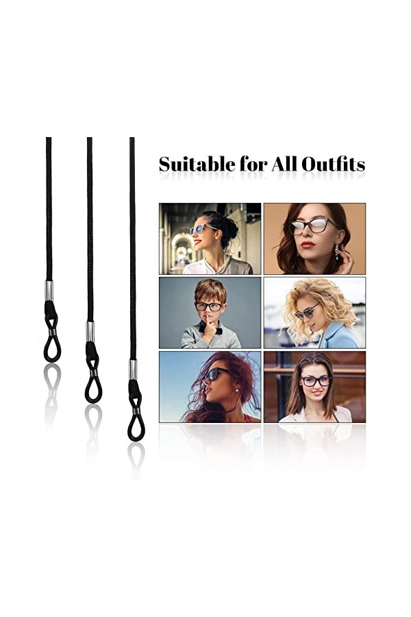 Glasses Chain Lot de 12 chaînes de lunettes en nylon noir avec cordon de lunettes de sport réglable avec mousqueton pour homm