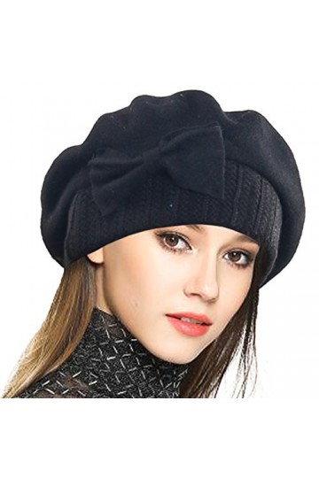 VECRY Dame Béret Français 100% Laine Bérets Robe Bonnet Chapeau dhiver Noir, Taille M 