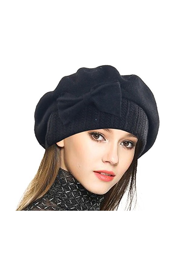 VECRY Dame Béret Français 100% Laine Bérets Robe Bonnet Chapeau dhiver Noir, Taille M 