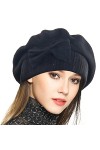 VECRY Dame Béret Français 100% Laine Bérets Robe Bonnet Chapeau dhiver Noir, Taille M 