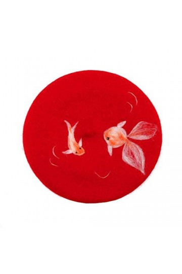 Zasy Femmes Chapeau dhiver Classique Béret en Laine Bonnet Français Casquette en Feutre À La Main Poisson Rouge 