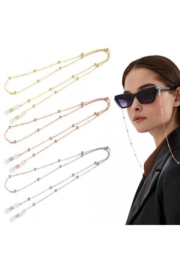 Lot de 3 chaînes de lunettes de soleil avec perles - Ajustement universel - Réglable - Pour homme et femme - 70 cm, Or clair 