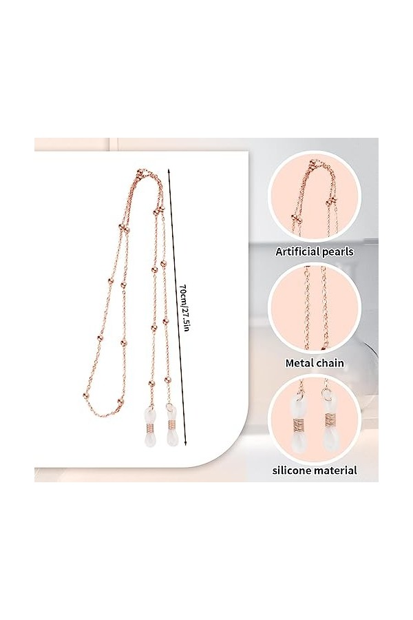 Lot de 3 chaînes de lunettes de soleil avec perles - Ajustement universel - Réglable - Pour homme et femme - 70 cm, Or clair 