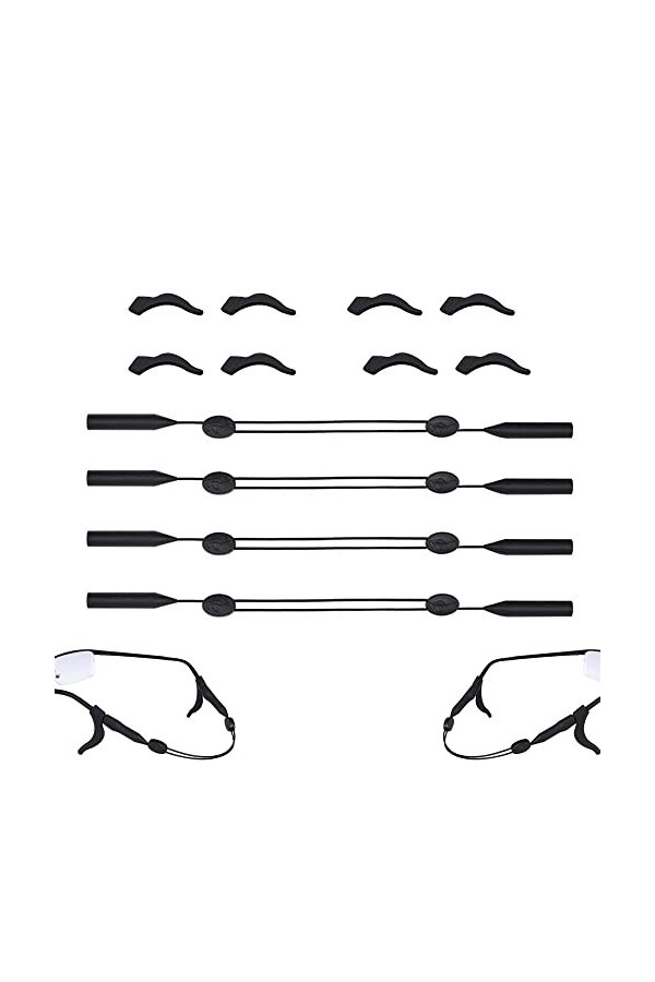 Hazrcvr 4 Pièces Cordons Lunettes Reglables​ Retenue de Lunettes Silicone Attache Lunette Sport Sangle Lunette Cordon Lunette