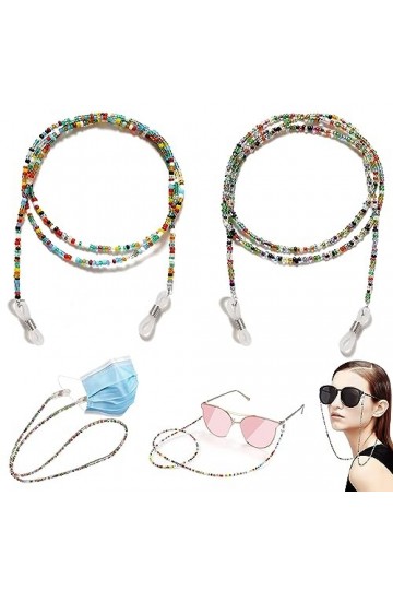 Devenirriche Lot de 2 chaînes de lunettes à perles, chaînes de support de lunettes, cordon de tour de cou antidérapant pour l