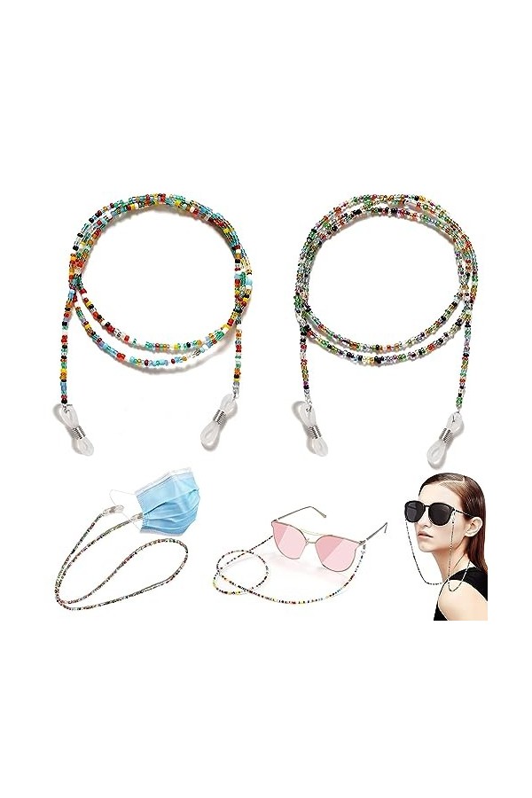 Devenirriche Lot de 2 chaînes de lunettes à perles, chaînes de support de lunettes, cordon de tour de cou antidérapant pour l