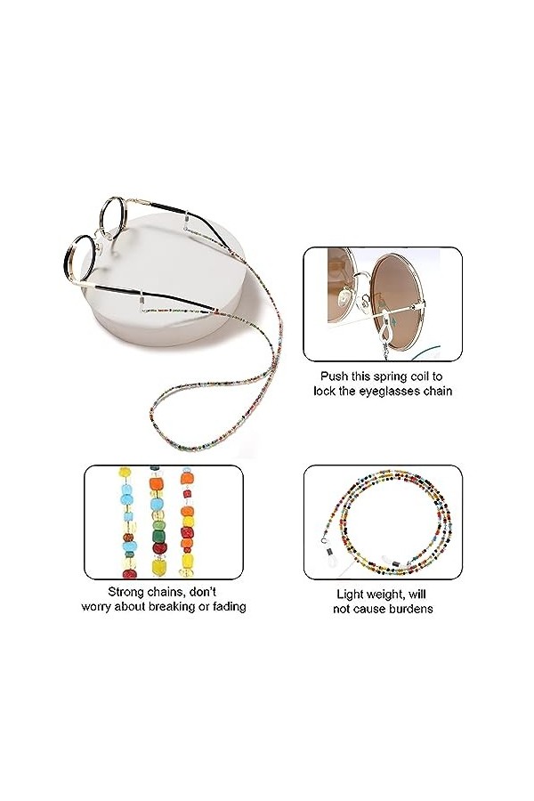 Devenirriche Lot de 2 chaînes de lunettes à perles, chaînes de support de lunettes, cordon de tour de cou antidérapant pour l