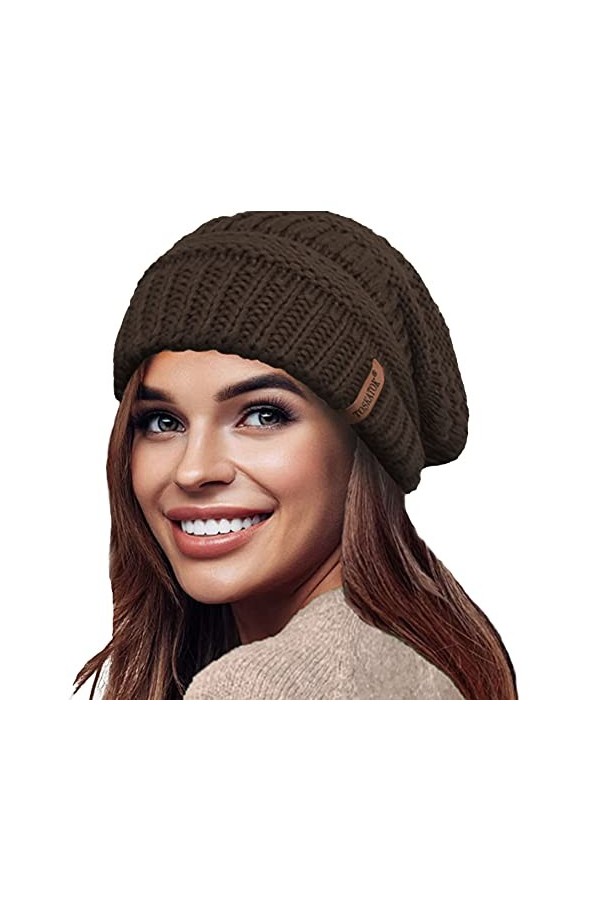 TOSKATOK Bonnet dhiver en Tricot Souple et Chaud pour Femme avec Bonnet de Ski à Doublure Thermique en Velours Supersoft