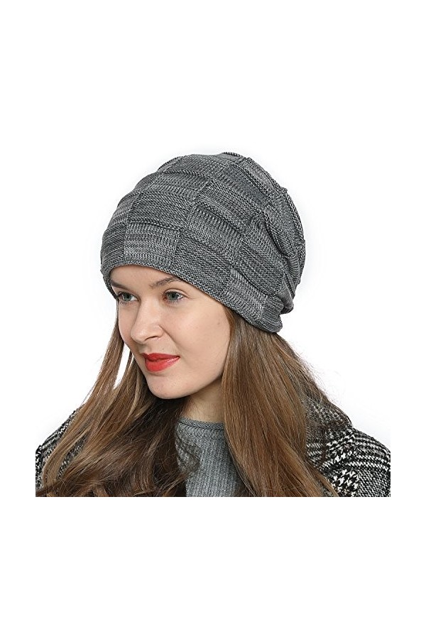 DonDon Chaud Bonnet dhiver Beanie pour Dames Femme Bonnet Moderne tricoté Design Tube avec Doublure Extra-Douce - Noir Gris